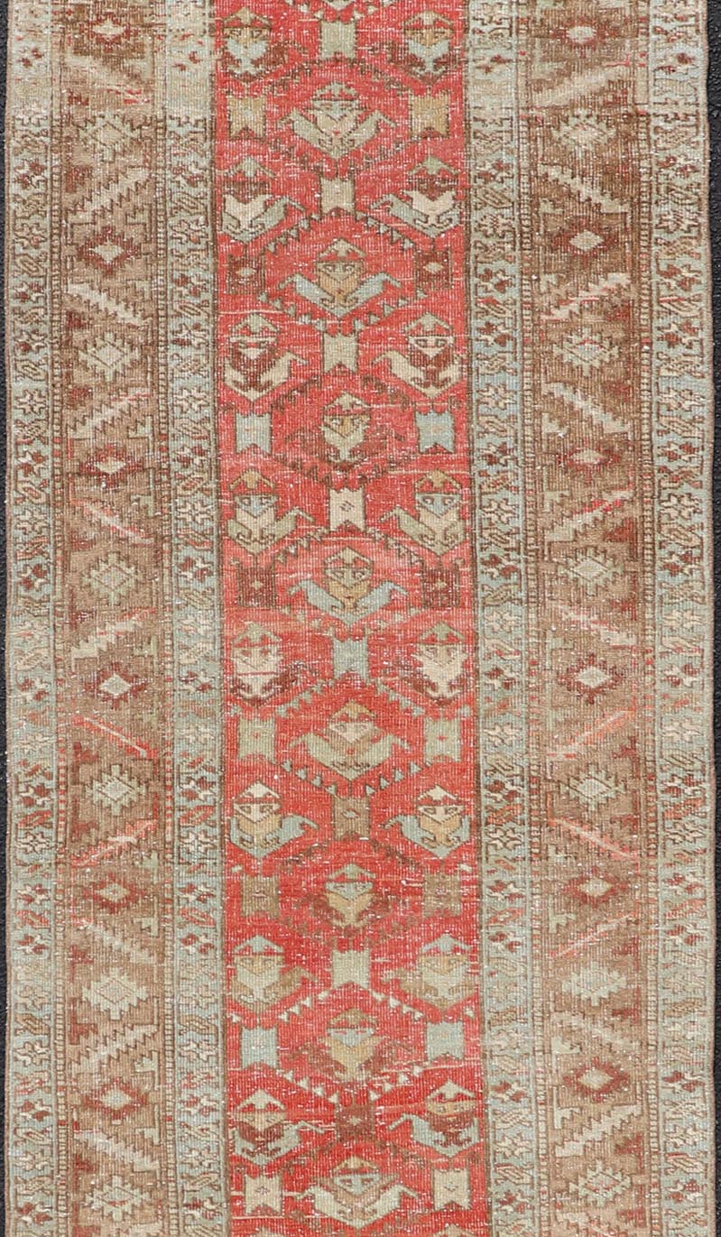 Measures: 3'0 x 11'7 Persian Antique Heriz Runner With All - Over Geometric Design On A Red Field. Antique Heriz Runner, rug TU - MTU - 4678, country of origin / type: Persian / Heriz, circa Early - 20th Century. This gorgeous antique Persian Heriz ... - Keivan Woven ArtsTU - MTU - 4678 - 22069Rug