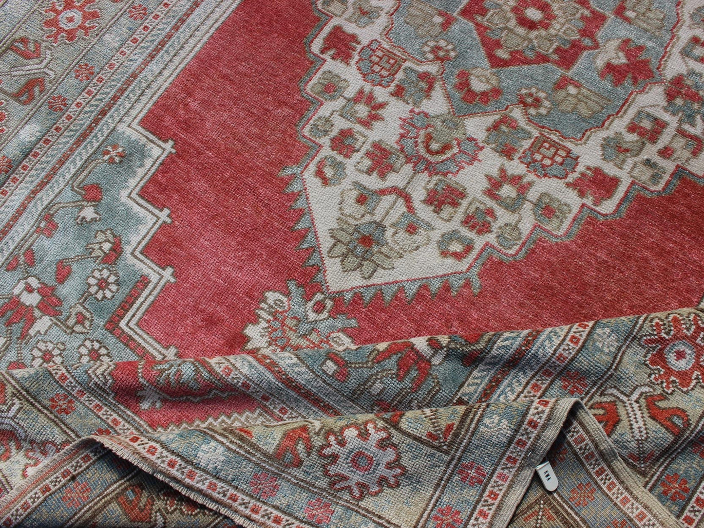Vintage Turkish Oushak Rug With Medallion Design in Pink Red and Light Blue Medallion Design Oushak Rug from Turkey, Keivan Woven Arts / rug TU - MTU - 4839, country of origin / type: Turkey / Oushak, circa 1940 Measures: 5'5 x 8'10 This vint... - Keivan Woven ArtsTU - MTU - 4839 - 10776Rug