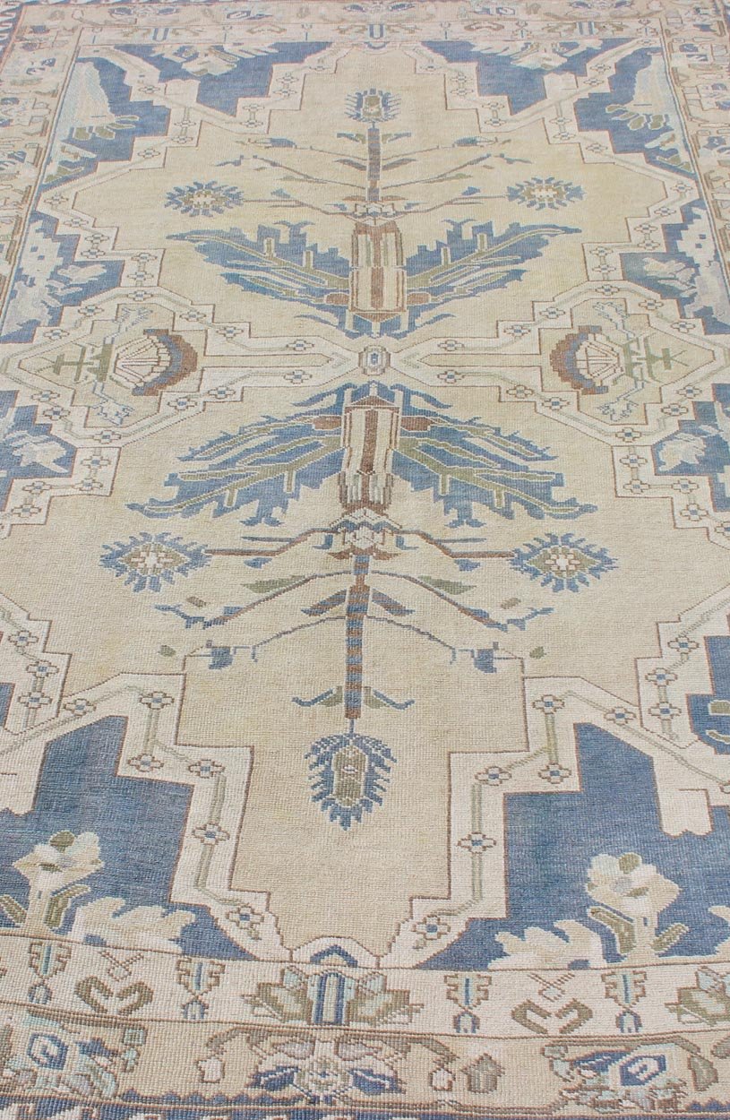 Vintage Turkish Rug with Unique Design in Blue, Taupe, Butter & Neutral Colors. Vintage Turkish Oushak rug with central medallion in blue, faded green, brown, butter, taupe, rug TU - MTU - 4851, country of origin / type: Turkey / Oushak, circa 1950... - Keivan Woven ArtsTU - MTU - 4851 - 10796Rug