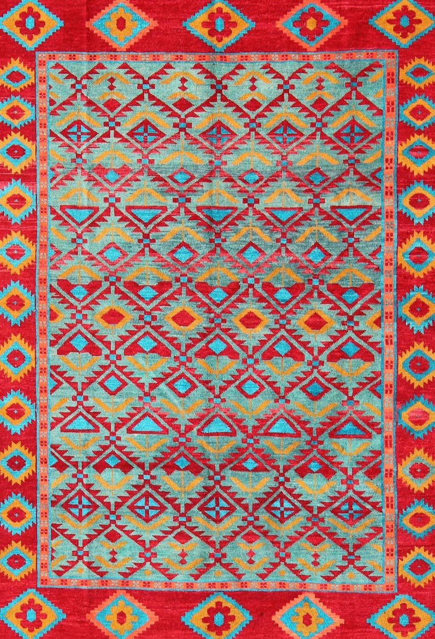 Unique and Vibrant Turkish Oushak Rug with Colorful and Bright Diamond Design kwarugs Red, aqua, orange and yellow geometric design Oushak rug from Turkey, rug tu - mtu - 4852, country of origin / type: Turkey / Oushak, circa 1950 This vintag... - Keivan Woven ArtsTU - MTU - 4852 - 10800Rug