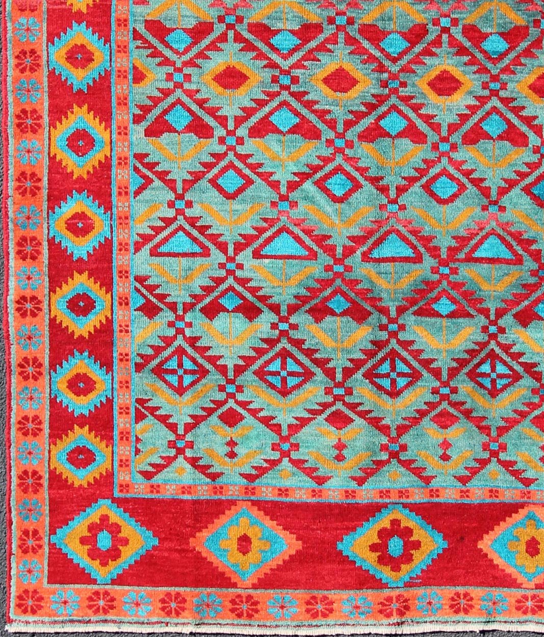 Unique and Vibrant Turkish Oushak Rug with Colorful and Bright Diamond Design kwarugs Red, aqua, orange and yellow geometric design Oushak rug from Turkey, rug tu - mtu - 4852, country of origin / type: Turkey / Oushak, circa 1950 This vintag... - Keivan Woven ArtsTU - MTU - 4852 - 10800Rug