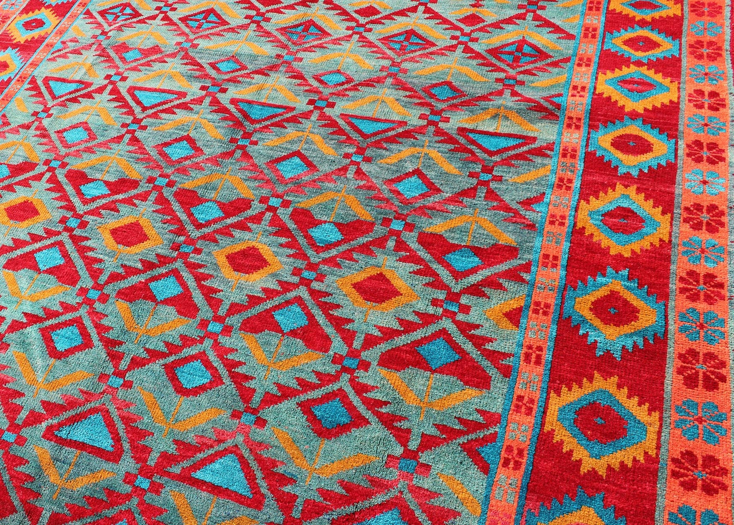 Unique and Vibrant Turkish Oushak Rug with Colorful and Bright Diamond Design kwarugs Red, aqua, orange and yellow geometric design Oushak rug from Turkey, rug tu - mtu - 4852, country of origin / type: Turkey / Oushak, circa 1950 This vintag... - Keivan Woven ArtsTU - MTU - 4852 - 10800Rug
