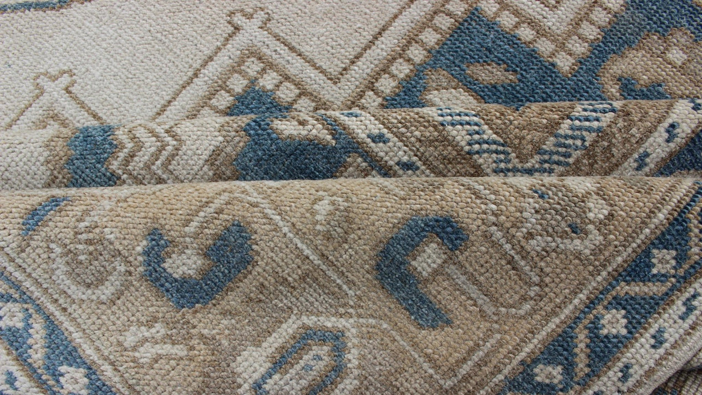 Vintage Turkish Oushak Rug with Geometric Design in Blue, Taupe and Sand Taupe, cream and blue Oushak rug vintage from Turkey with medallion design of etched motifs, Keivan Woven Arts / rug tu - mtu - 4930, country of origin / type: Turkey / Oushak,... - Keivan Woven ArtsTU - MTU - 4930 - 12172Rug