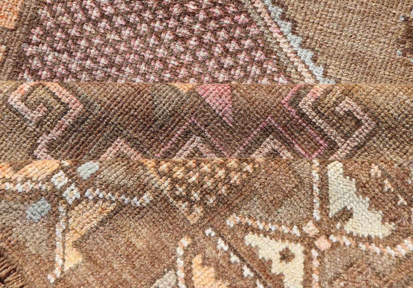Unique & Colorful Turkish Kars Runner with Tribal Designs and Geometric Motifs Vintage Turkish runner in Brown background, accent colors, soft red, tan, green, light blue, taupe, rug/TU - MTU - 4956, country of origin / type: Turkey / Oushak, circa... - Keivan Woven ArtsTU - MTU - 4956 - 18649Rug