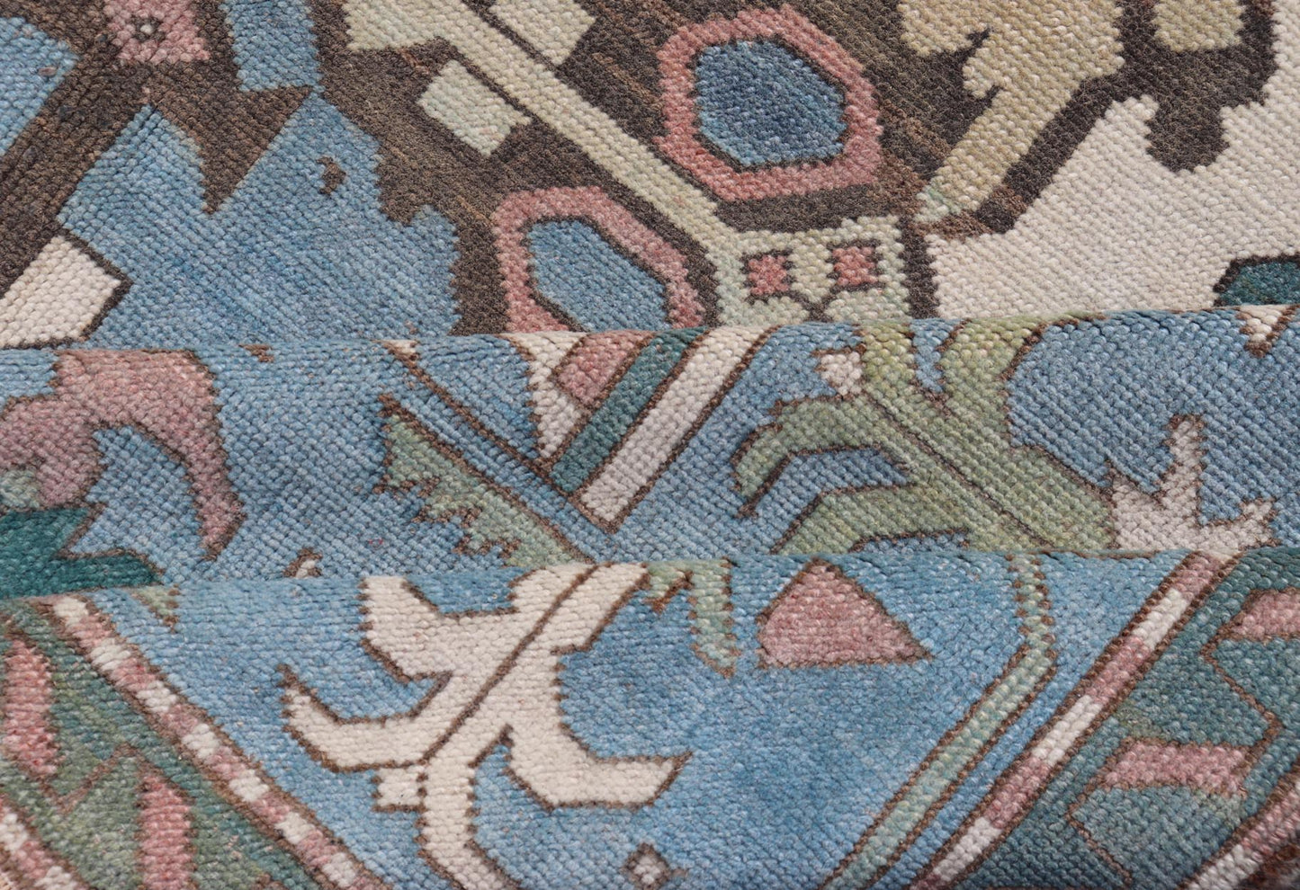 Unique Turkish Rug with Bold Florals in Lt, blue, Lt, Green, Teal & Pink Unusual and Unique Turkish Rug with Bold Florals in Lt, blue, Lt, Green, Teal & Pink, ivory. Keivan Woven Arts rug/TU - MTU - 4960. Set on Ivory background and light blue borde... - Keivan Woven ArtsTU - MTU - 4960 - 19010