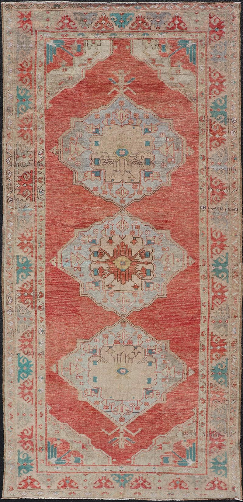 Vintage Turkish Oushak Gallery Runner with Floral's in Orange and Green Medallion vintage Turkish Oushak in orange, green, cream and brown, Keivan Woven Arts / rug TU - MTU - 4966 country of origin / type: Turkey / Oushak, circa 1940. Measure... - Keivan Woven ArtsTU - MTU - 4966 - 19028Rug