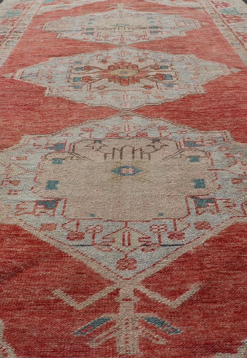 Vintage Turkish Oushak Gallery Runner with Floral's in Orange and Green Medallion vintage Turkish Oushak in orange, green, cream and brown, Keivan Woven Arts / rug TU - MTU - 4966 country of origin / type: Turkey / Oushak, circa 1940. Measure... - Keivan Woven ArtsTU - MTU - 4966 - 19028Rug
