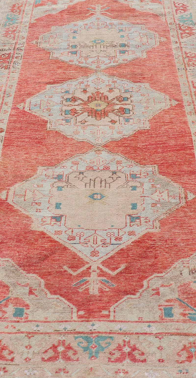 Vintage Turkish Oushak Gallery Runner with Floral's in Orange and Green Medallion vintage Turkish Oushak in orange, green, cream and brown, Keivan Woven Arts / rug TU - MTU - 4966 country of origin / type: Turkey / Oushak, circa 1940. Measure... - Keivan Woven ArtsTU - MTU - 4966 - 19028Rug