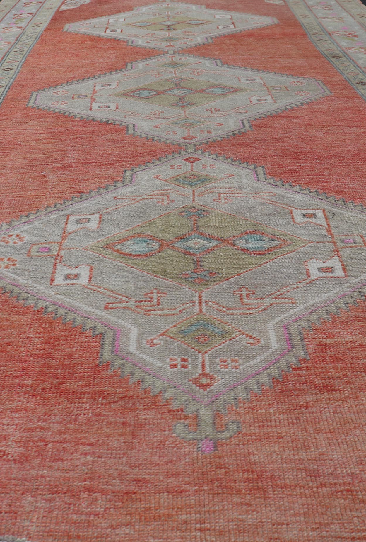 Vintage Turkish Oushak Gallery Runner in Coral, Grey, Green, Lavender, Yellow. Colorful and Calm medallion vintage Oushak gallery runner from Turkey with Geometric Medallion Design, Keivan Woven Arts rug/TU - MTU - 4969, country of origin / type: T... - Keivan Woven ArtsTU - MTU - 4969 - 19184Rug