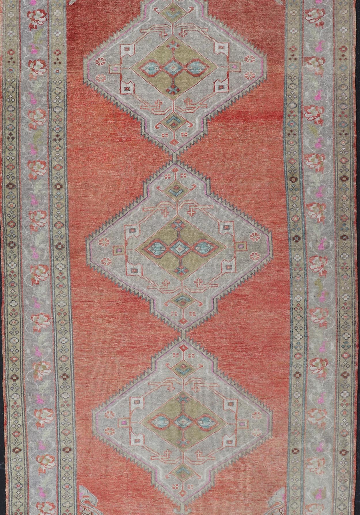 Vintage Turkish Oushak Gallery Runner in Coral, Grey, Green, Lavender, Yellow. Colorful and Calm medallion vintage Oushak gallery runner from Turkey with Geometric Medallion Design, Keivan Woven Arts rug/TU - MTU - 4969, country of origin / type: T... - Keivan Woven ArtsTU - MTU - 4969 - 19184Rug