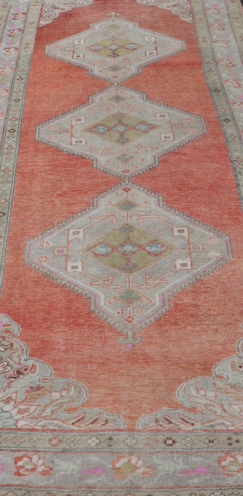 Vintage Turkish Oushak Gallery Runner in Coral, Grey, Green, Lavender, Yellow. Colorful and Calm medallion vintage Oushak gallery runner from Turkey with Geometric Medallion Design, Keivan Woven Arts rug/TU - MTU - 4969, country of origin / type: T... - Keivan Woven ArtsTU - MTU - 4969 - 19184Rug
