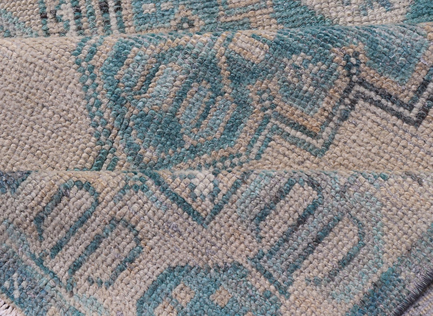 Turkish Vintage Oushak Runner with Geometric Medallion Design in Blues and Beige Measures: 2'9 x 9'9 Turkish Vintage Oushak Runner with Geometric Medallion Design in Blues and Beige. Keivan Woven Arts / rug TU - MTU - 926, country of origin / type:... - Keivan Woven ArtsTU - MTU - 926 - 21979Rug