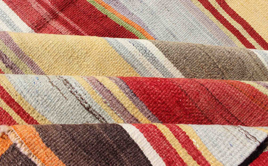 Large Gallery Kilim Flat - Weave Runner with Horizontal Stripe Design, Keivan Woven Arts/ rug mtu - 95041, country of origin / type: Turkey / Kilim, circa mid - 20th century Measures: 6'2 x 14' Featuring a repeating horizontal stripe design, th... - Keivan Woven ArtsTU - MTU - 95041 - 3708