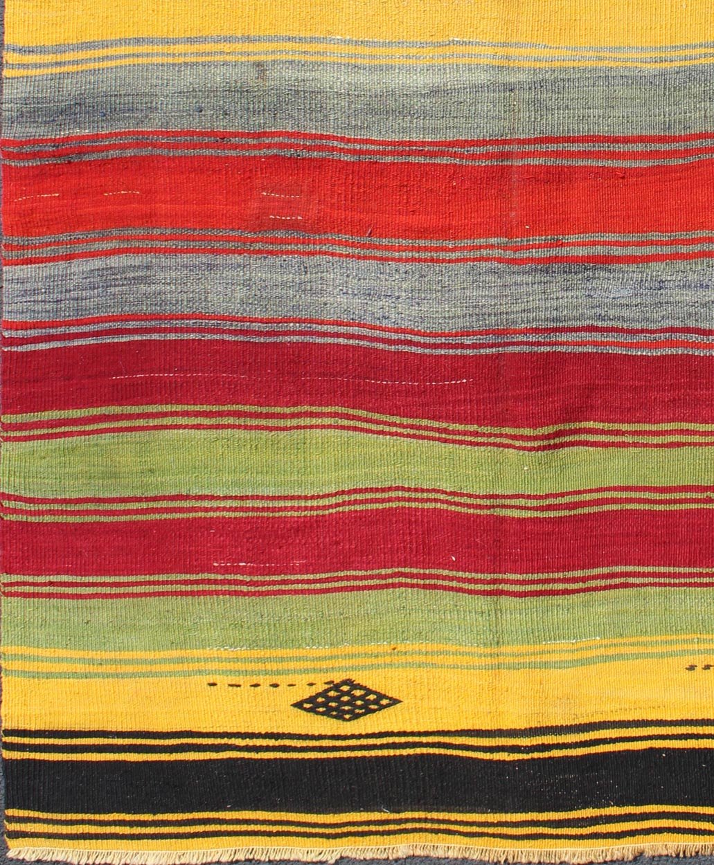 Colorful Vintage Turkish Kilim Rug with Subtle Tribal Shapes and Stripes Design, rug mtu - 95042, country of origin / type: Turkey / Kilim, circa mid - 20th century Featuring a repeating horizontal stripe design, with a few tribal motifs throughout,... - Keivan Woven ArtsTU - MTU - 95042 - 3890Rug