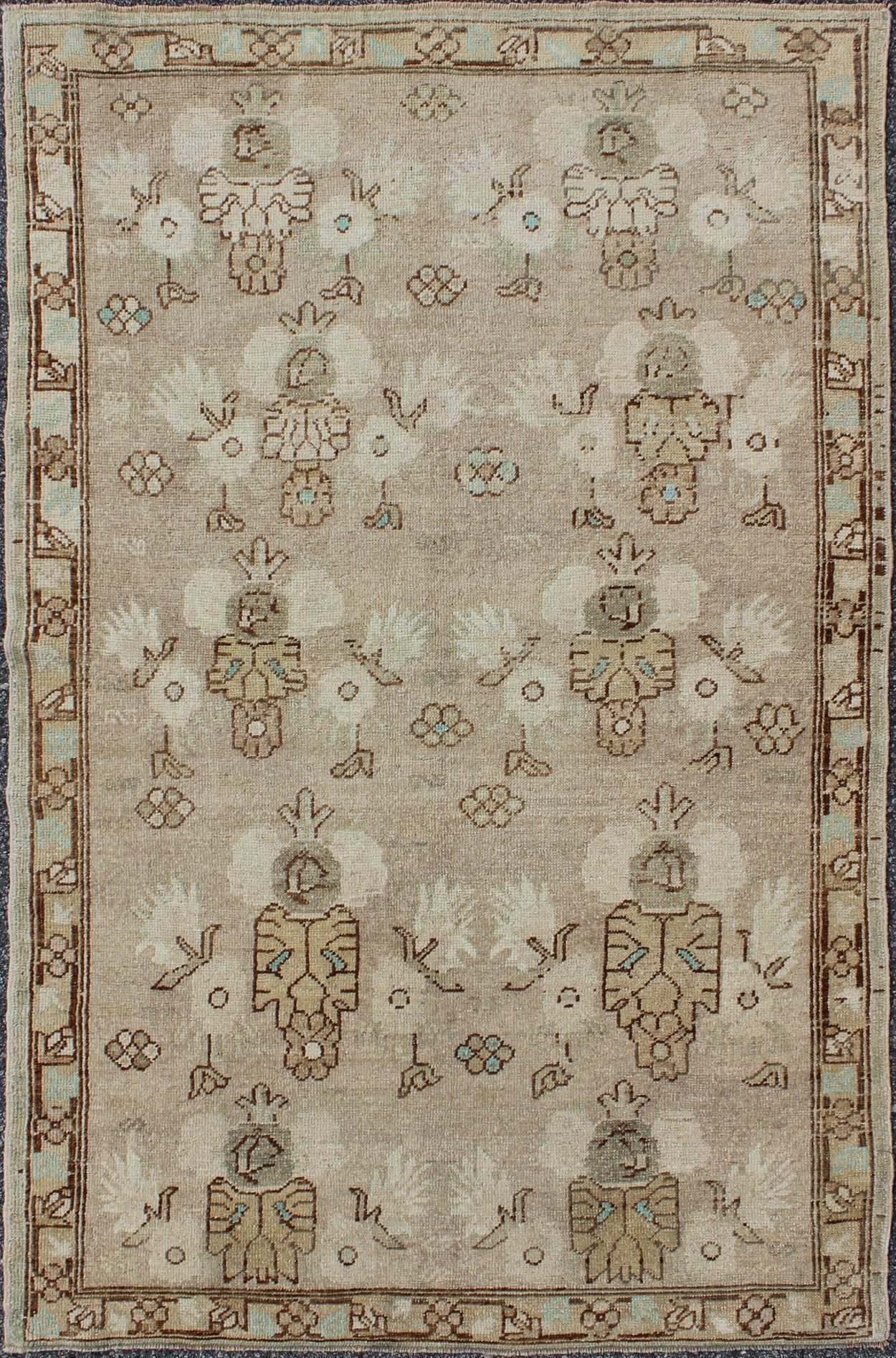 Taupe, Tan and Brown Medallion Vintage Turkish Oushak with Hints of Pale Green kwarugs Taupe and tan eight medallion vintage Turkish Oushak rug with hints of light teal and green, rug tu - mtu - 95097, country of origin / type: Turkey / Oushak, circ... - Keivan Woven ArtsTU - MTU - 95097 - 9174Rug