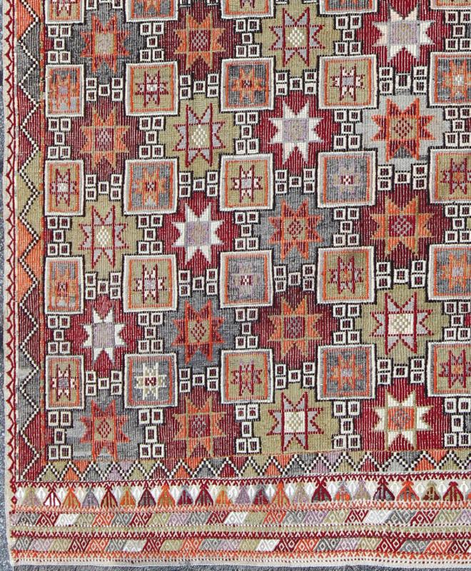 Keivan Woven Arts, Tu - Ned - 012787, Turkish Vintage Embroidered Kilim Rug With Tribal Star and Box Shapes in Colorful Tones Featuring tribal shapes of stars and boxes with a spotted and speckled assortment of geometric elements, this unique Mid - Century T... - Keivan Woven ArtsTU - NED - 012787 - 8367Rug