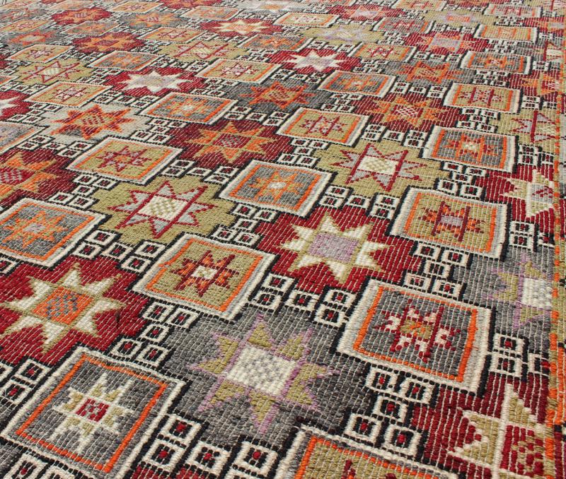 Keivan Woven Arts, Tu - Ned - 012787, Turkish Vintage Embroidered Kilim Rug With Tribal Star and Box Shapes in Colorful Tones Featuring tribal shapes of stars and boxes with a spotted and speckled assortment of geometric elements, this unique Mid - Century T... - Keivan Woven ArtsTU - NED - 012787 - 8367Rug