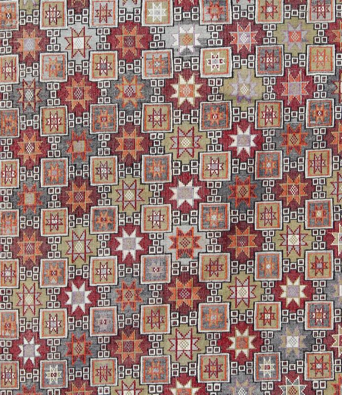 Keivan Woven Arts, Tu - Ned - 012787, Turkish Vintage Embroidered Kilim Rug With Tribal Star and Box Shapes in Colorful Tones Featuring tribal shapes of stars and boxes with a spotted and speckled assortment of geometric elements, this unique Mid - Century T... - Keivan Woven ArtsTU - NED - 012787 - 8367Rug
