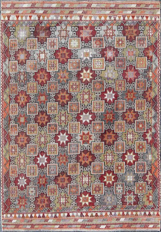 Keivan Woven Arts, Tu - Ned - 012787, Turkish Vintage Embroidered Kilim Rug With Tribal Star and Box Shapes in Colorful Tones Featuring tribal shapes of stars and boxes with a spotted and speckled assortment of geometric elements, this unique Mid - Century T... - Keivan Woven ArtsTU - NED - 012787 - 8367Rug