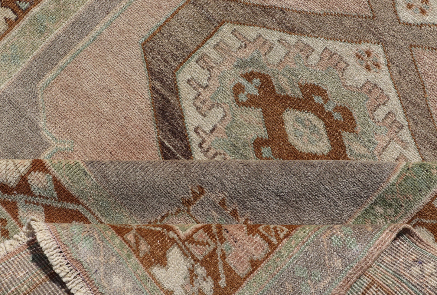 Vintage Turkish Anatolian Rug in light Lavender, Pink, Light Gray, Brown, Cream & light Green. Midcentury Turkish Oushak rug with diamond medallions in lavender, pink, brown, cream and blue rug TU - NED - 1023, country of origin / type: Turkey / Ou... - Keivan Woven ArtsTU - NED - 1023 - 14392Rug