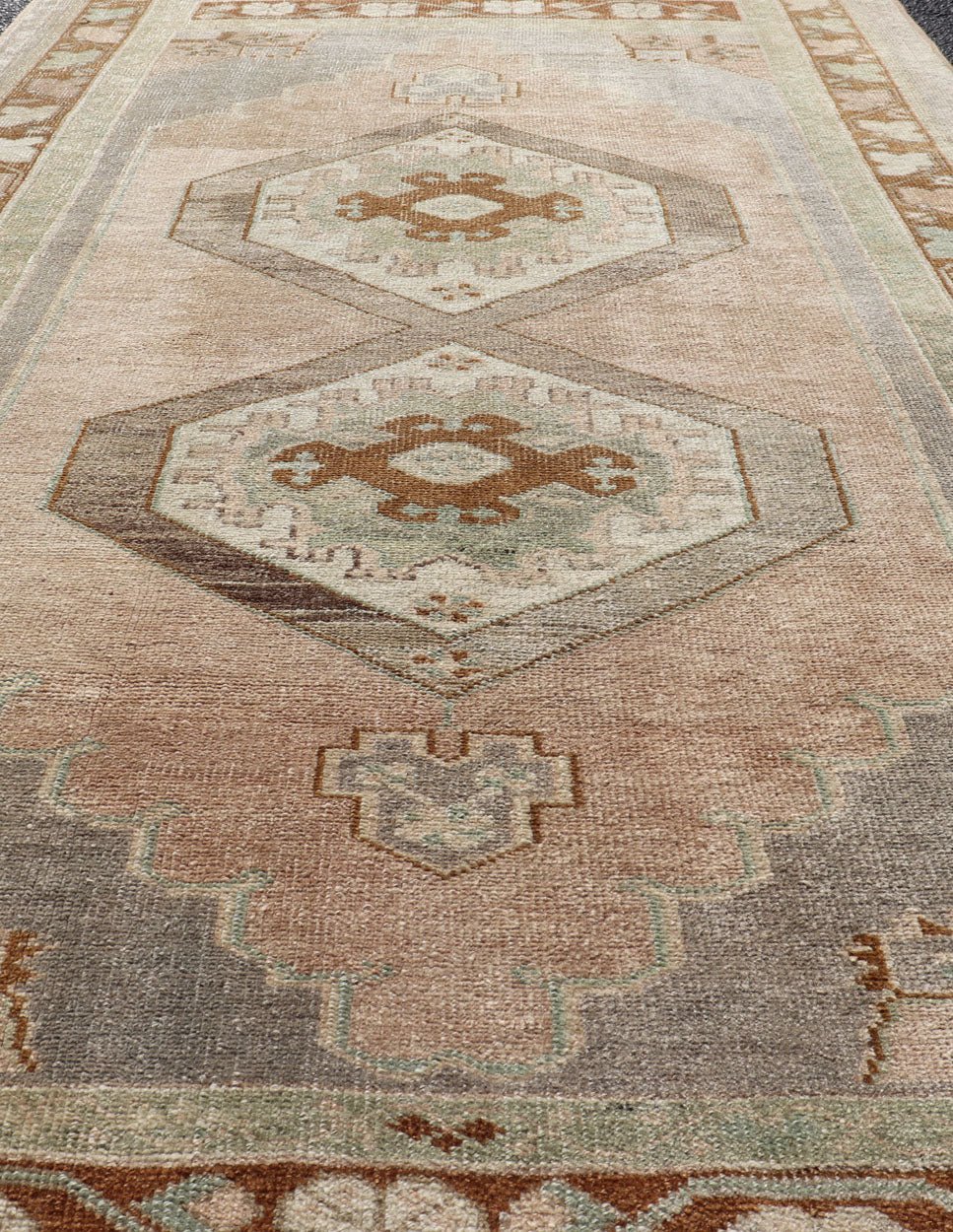 Vintage Turkish Anatolian Rug in light Lavender, Pink, Light Gray, Brown, Cream & light Green. Midcentury Turkish Oushak rug with diamond medallions in lavender, pink, brown, cream and blue rug TU - NED - 1023, country of origin / type: Turkey / Ou... - Keivan Woven ArtsTU - NED - 1023 - 14392Rug