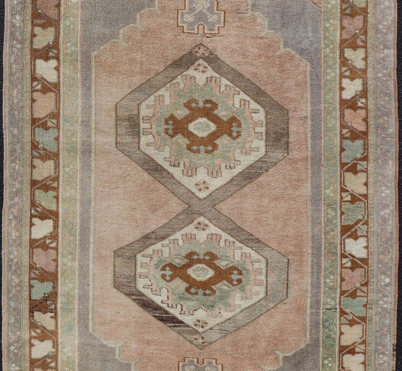 Vintage Turkish Anatolian Rug in light Lavender, Pink, Light Gray, Brown, Cream & light Green. Midcentury Turkish Oushak rug with diamond medallions in lavender, pink, brown, cream and blue rug TU - NED - 1023, country of origin / type: Turkey / Ou... - Keivan Woven ArtsTU - NED - 1023 - 14392Rug