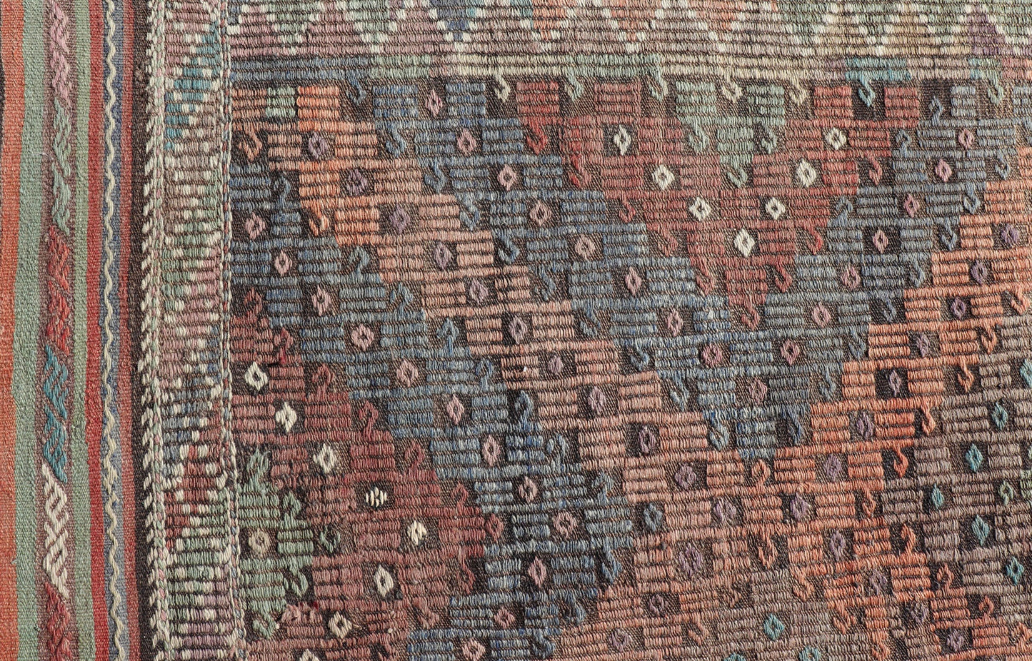 Softly Colored Turkish Vintage Embroidered Kilim Rug With Multi Layered Diamond. Turkish Vintage Embroidered Flat Weave Rug With Tribal multi layered Diamond design and medium color tones in Gray, Blue, Green, light Tangerine and cream colors, ... - Keivan Woven ArtsTU - NED - 1032 - 14336Rug