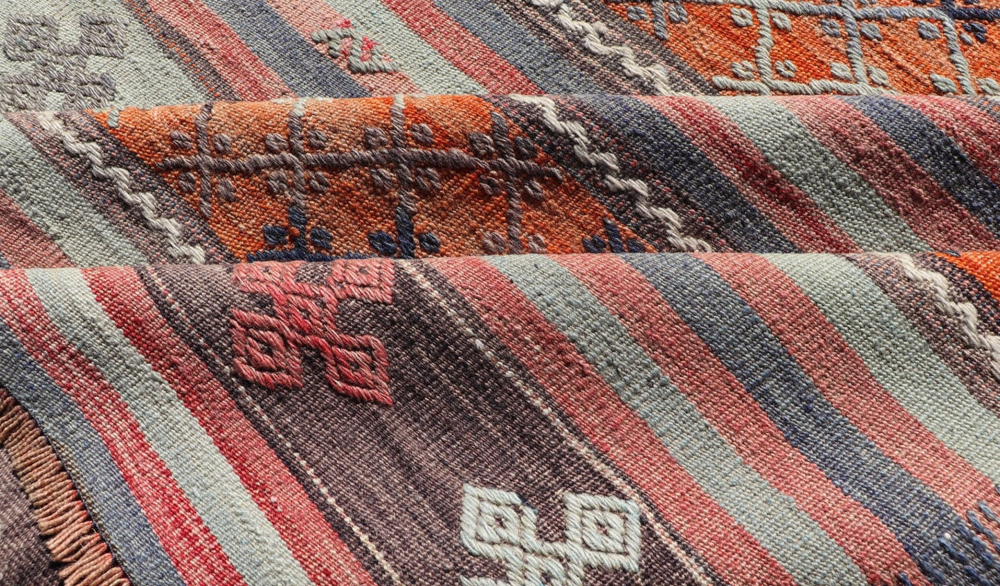 Turkish Kilim Vintage Rug with Assorted Stripe Design in a Variety of Colors. Turkish Kilim vintage rug with assorted stripe design in a variety of colors, Keivan Woven Arts / rugTU - NED - 1033, country of origin / type: Turkey / Kilim, circa mid - 20th ... - Keivan Woven ArtsTU - NED - 1033 - 14342Rug