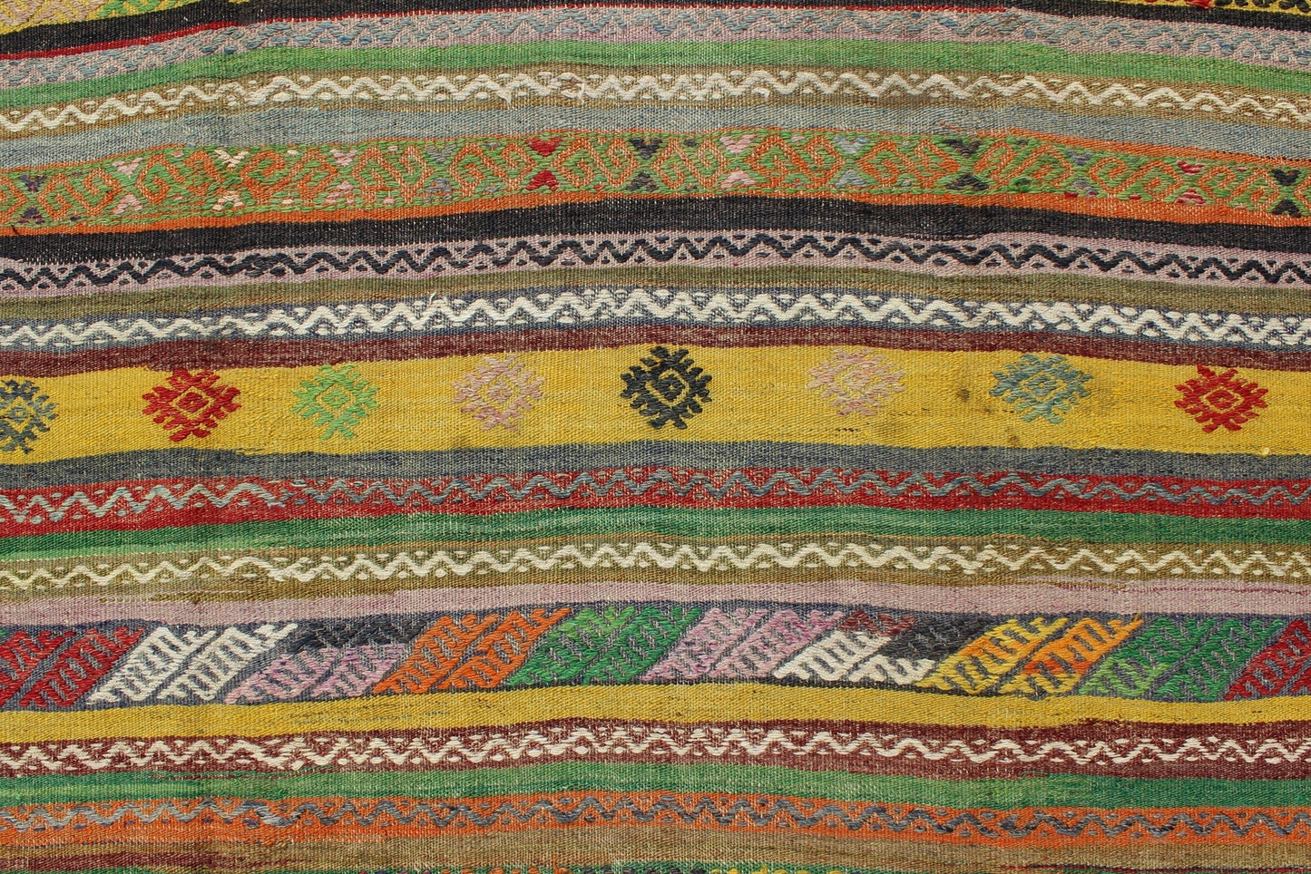 Vintage Turkish Kilim Rug with Colorful Stripe and Diamond Motif Designs. Keivan Woven Arts / rug /TU - NED - 105, country of origin / type: Turkey / Kilim, circa 1950's Measures: 6'1 x 9'1. This exciting and colorful striped vintage Kilim from 1950... - Keivan Woven ArtsTU - NED - 105 - 3520Rug