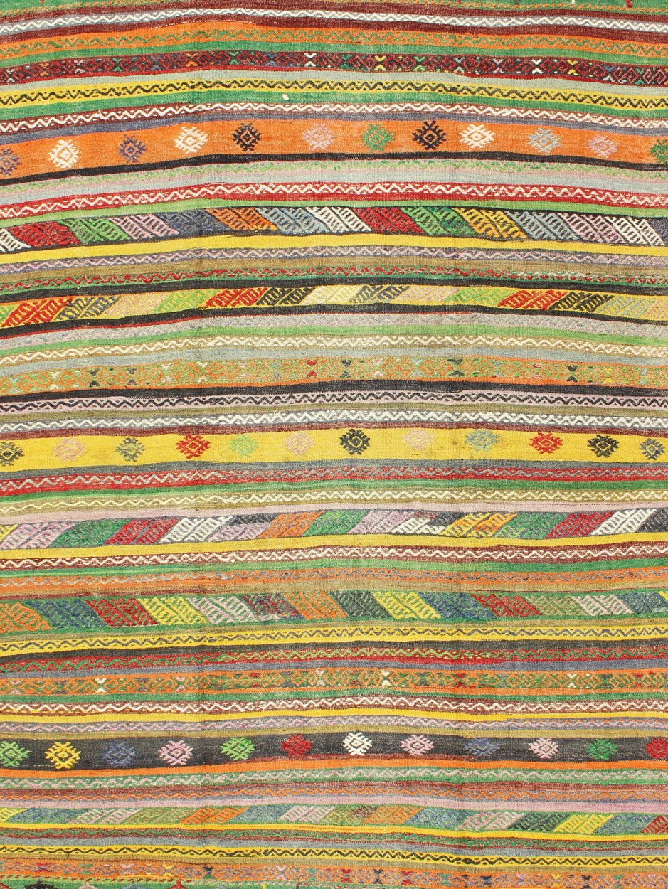 Vintage Turkish Kilim Rug with Colorful Stripe and Diamond Motif Designs. Keivan Woven Arts / rug /TU - NED - 105, country of origin / type: Turkey / Kilim, circa 1950's Measures: 6'1 x 9'1. This exciting and colorful striped vintage Kilim from 1950... - Keivan Woven ArtsTU - NED - 105 - 3520Rug
