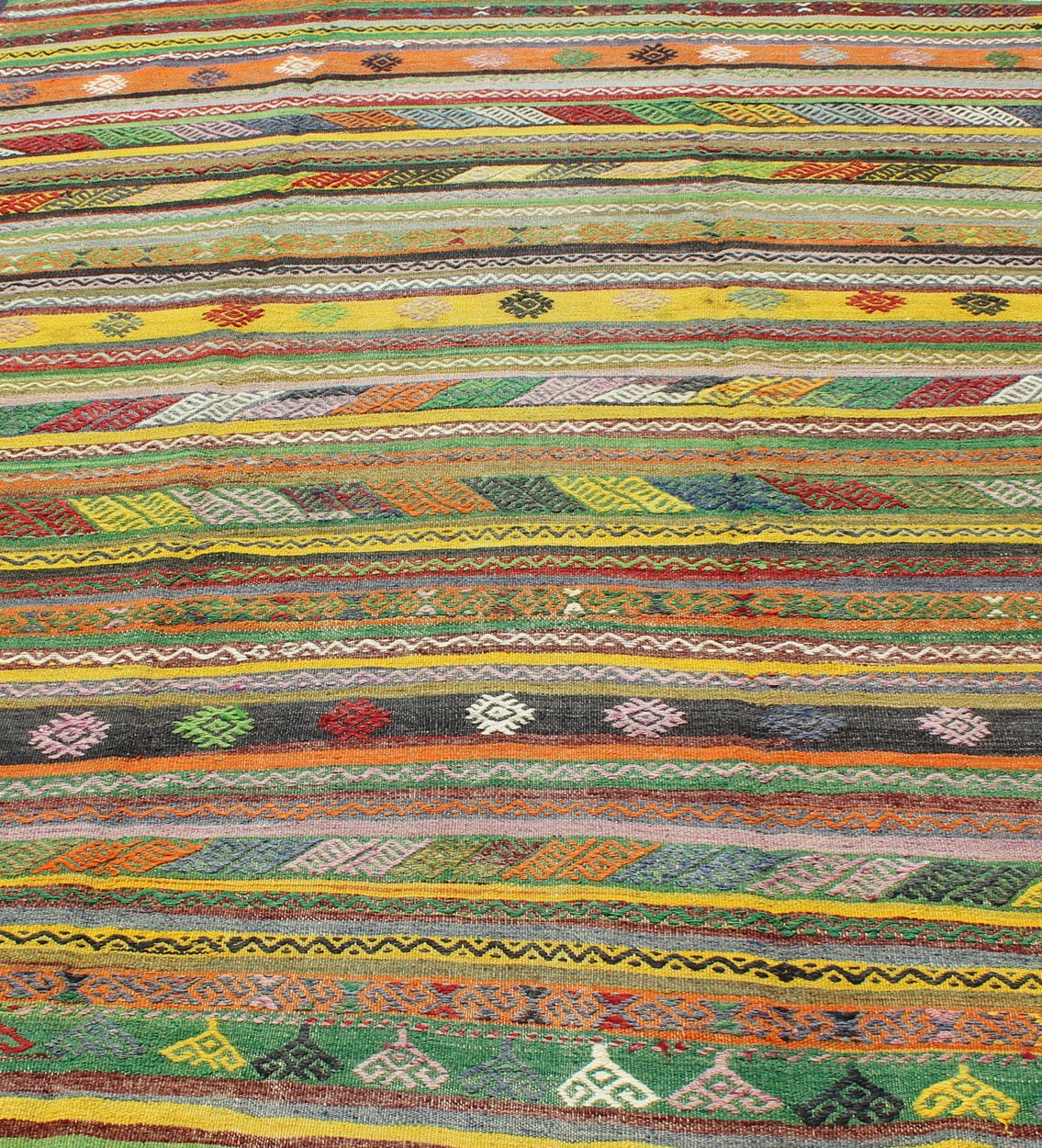 Vintage Turkish Kilim Rug with Colorful Stripe and Diamond Motif Designs. Keivan Woven Arts / rug /TU - NED - 105, country of origin / type: Turkey / Kilim, circa 1950's Measures: 6'1 x 9'1. This exciting and colorful striped vintage Kilim from 1950... - Keivan Woven ArtsTU - NED - 105 - 3520Rug