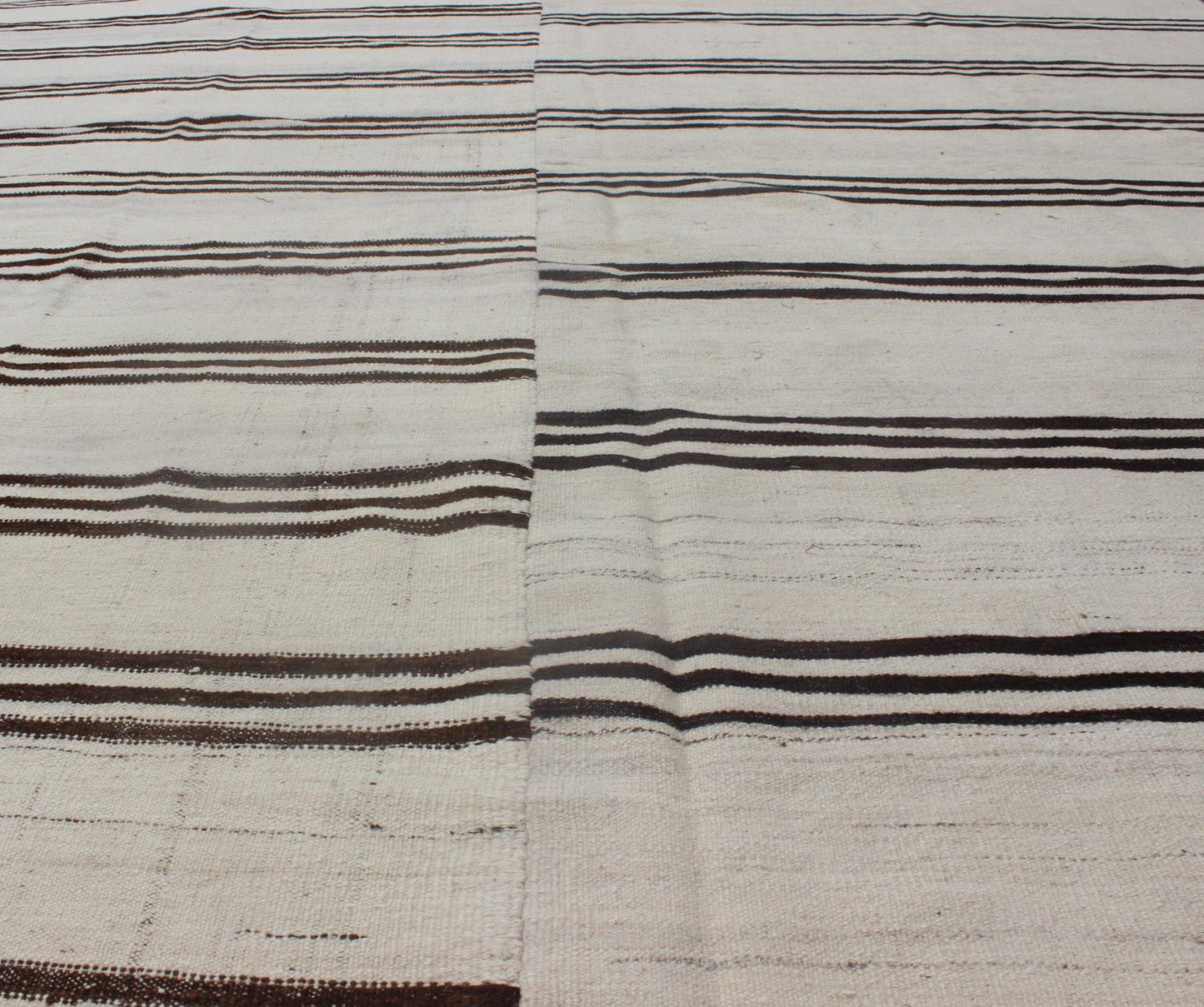 Large Two Paneled Vintage Turkish Kilim Rug with Stripes in Cream and Brown Stripes. Flat - weave Kilim vintage rug from Turkey with stripes in brown, black and cream. Rug/TU - NED - 1117, country of origin / type: Turkey / Kilim, circa 1950 Woven ... - Keivan Woven ArtsTU - NED - 1117 - 9196Rug