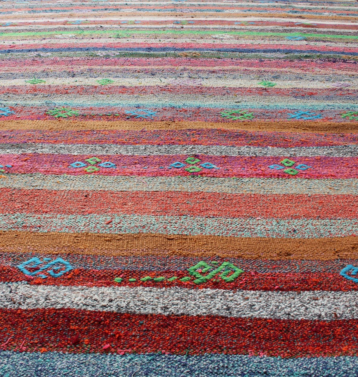 Vintage Turkish Kilim Flat - Weave Rug With Colorful Strips in Bright Colors. Colorful striped vintage Turkish Kilim flat - weave rug in bright colors Playful stripe design with geometric motifs flat - woven Kilim Turkish rug, rug tu - ned - 1118, coun... - Keivan Woven ArtsTU - NED - 1118 - 11080Rug