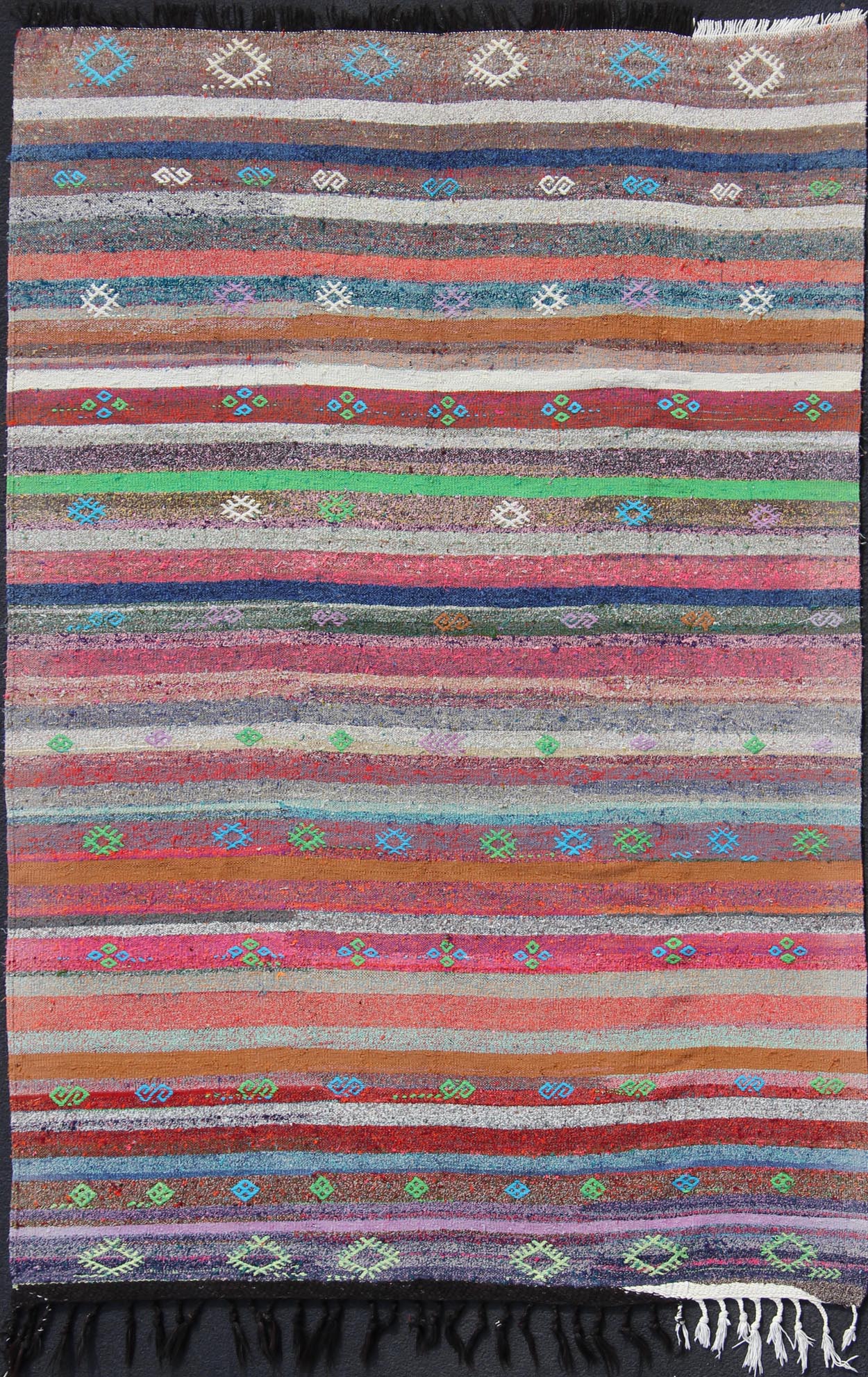 Vintage Turkish Kilim Flat - Weave Rug With Colorful Strips in Bright Colors. Colorful striped vintage Turkish Kilim flat - weave rug in bright colors Playful stripe design with geometric motifs flat - woven Kilim Turkish rug, rug tu - ned - 1118, coun... - Keivan Woven ArtsTU - NED - 1118 - 11080Rug