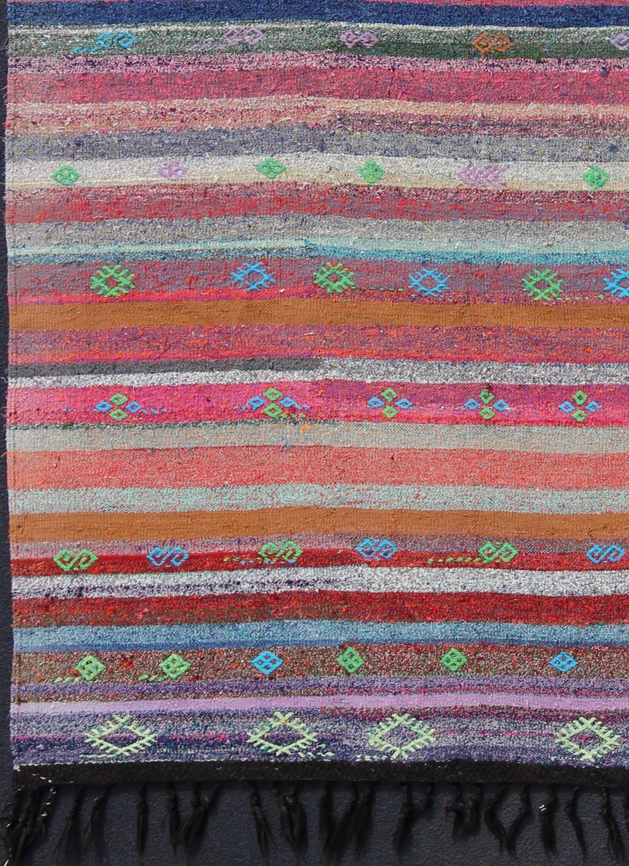 Vintage Turkish Kilim Flat - Weave Rug With Colorful Strips in Bright Colors. Colorful striped vintage Turkish Kilim flat - weave rug in bright colors Playful stripe design with geometric motifs flat - woven Kilim Turkish rug, rug tu - ned - 1118, coun... - Keivan Woven ArtsTU - NED - 1118 - 11080Rug