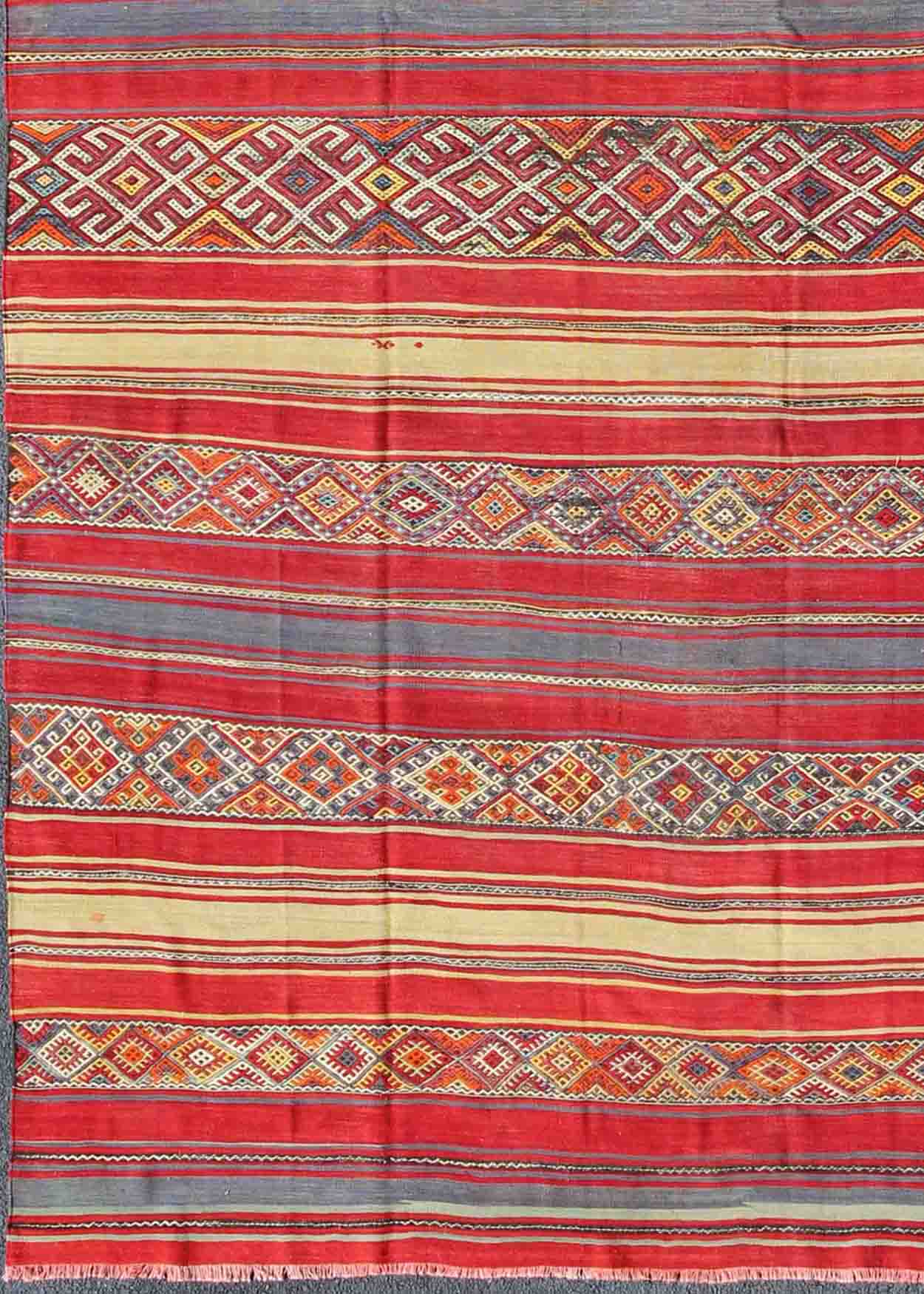 Turkish Kilim with Multicolored Stripes of Various Patterns rug - tu - ned - 113 origin/ Turkey Long Turkish Kilim with Multicolored Stripes of Various Patterns and Designs: This vintage Kilim carpet from Mid - Century Turkey features a stripe pattern... - Keivan Woven ArtsTU - NED - 113 - 3932Rug