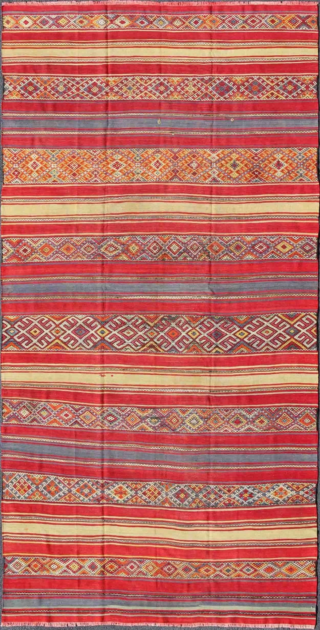 Turkish Kilim with Multicolored Stripes of Various Patterns rug - tu - ned - 113 origin/ Turkey Long Turkish Kilim with Multicolored Stripes of Various Patterns and Designs: This vintage Kilim carpet from Mid - Century Turkey features a stripe pattern... - Keivan Woven ArtsTU - NED - 113 - 3932Rug