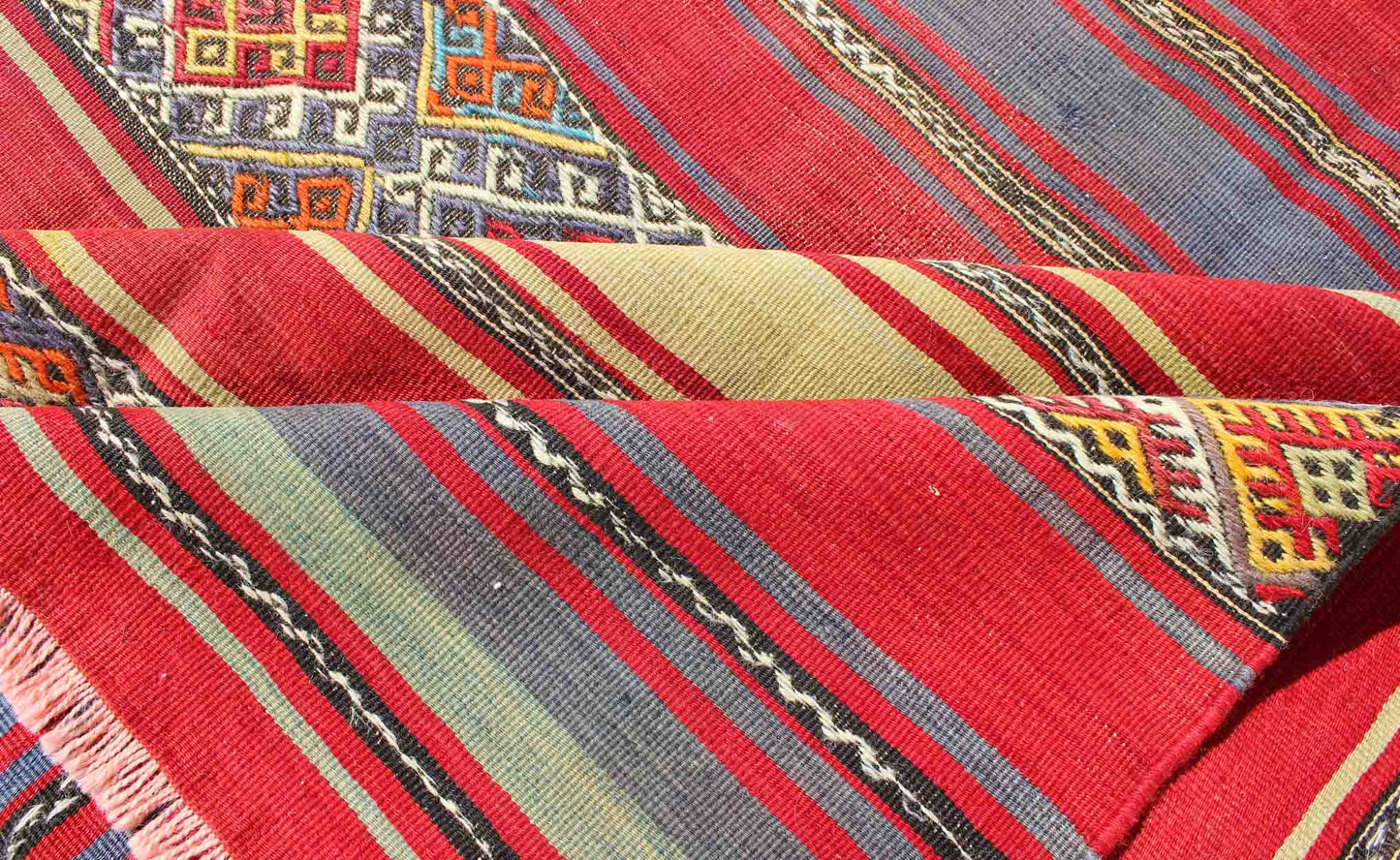 Turkish Kilim with Multicolored Stripes of Various Patterns rug - tu - ned - 113 origin/ Turkey Long Turkish Kilim with Multicolored Stripes of Various Patterns and Designs: This vintage Kilim carpet from Mid - Century Turkey features a stripe pattern... - Keivan Woven ArtsTU - NED - 113 - 3932Rug