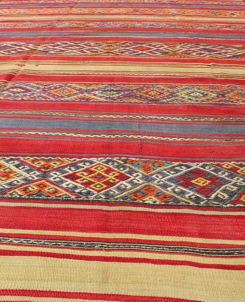 Turkish Kilim with Multicolored Stripes of Various Patterns rug - tu - ned - 113 origin/ Turkey Long Turkish Kilim with Multicolored Stripes of Various Patterns and Designs: This vintage Kilim carpet from Mid - Century Turkey features a stripe pattern... - Keivan Woven ArtsTU - NED - 113 - 3932Rug