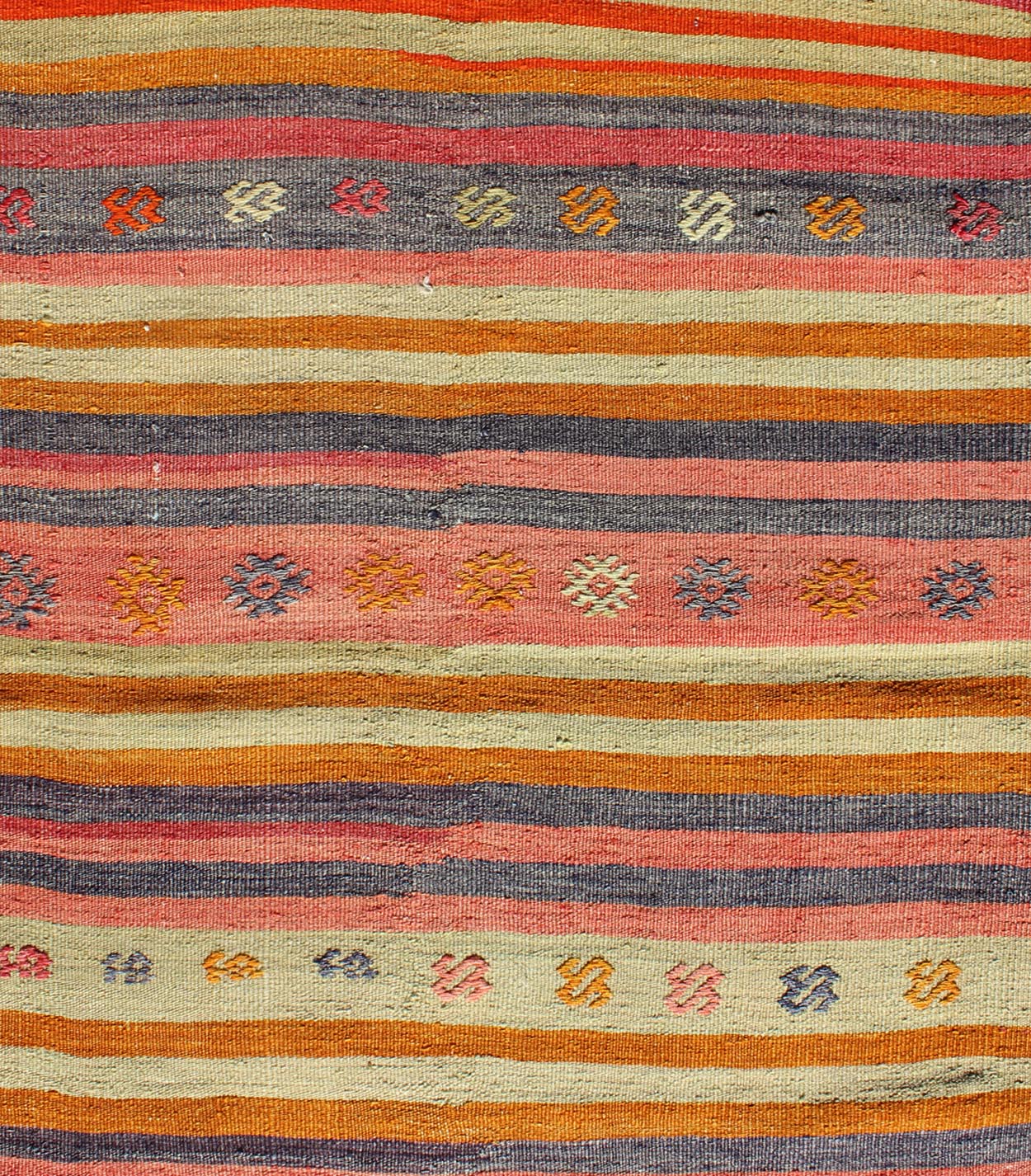 Vintage Turkish Kilim Runner With Geometric Tribal Designs and Colorful Stripes. Keivan Woven Arts / rug TU - NED - 119, country of origin / type: Turkey / Kilim, circa mid - 20th century Measures: 2'10 x 9'2. Featuring tribal shapes rendered in a repe... - Keivan Woven ArtsTU - NED - 119 - 3544Rug