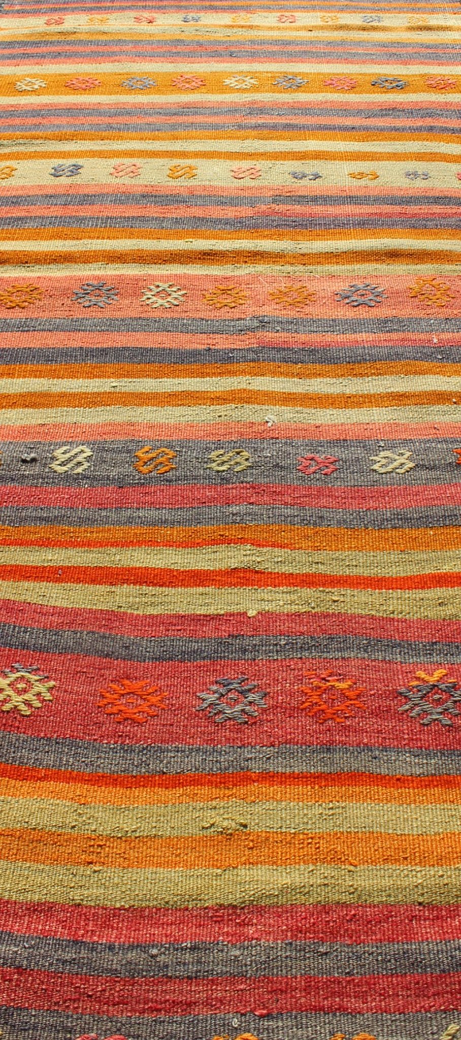 Vintage Turkish Kilim Runner With Geometric Tribal Designs and Colorful Stripes. Keivan Woven Arts / rug TU - NED - 119, country of origin / type: Turkey / Kilim, circa mid - 20th century Measures: 2'10 x 9'2. Featuring tribal shapes rendered in a repe... - Keivan Woven ArtsTU - NED - 119 - 3544Rug
