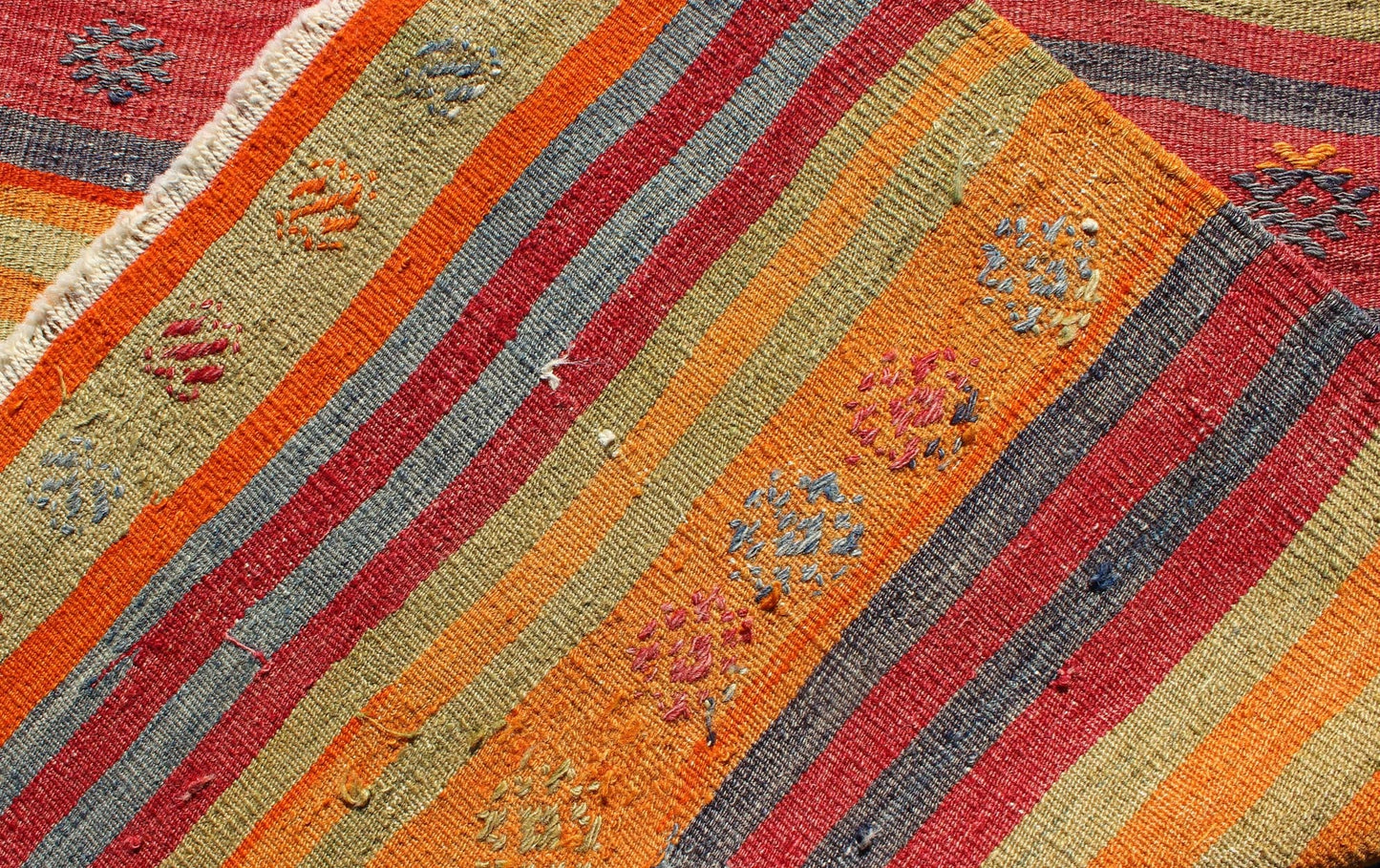 Vintage Turkish Kilim Runner With Geometric Tribal Designs and Colorful Stripes. Keivan Woven Arts / rug TU - NED - 119, country of origin / type: Turkey / Kilim, circa mid - 20th century Measures: 2'10 x 9'2. Featuring tribal shapes rendered in a repe... - Keivan Woven ArtsTU - NED - 119 - 3544Rug
