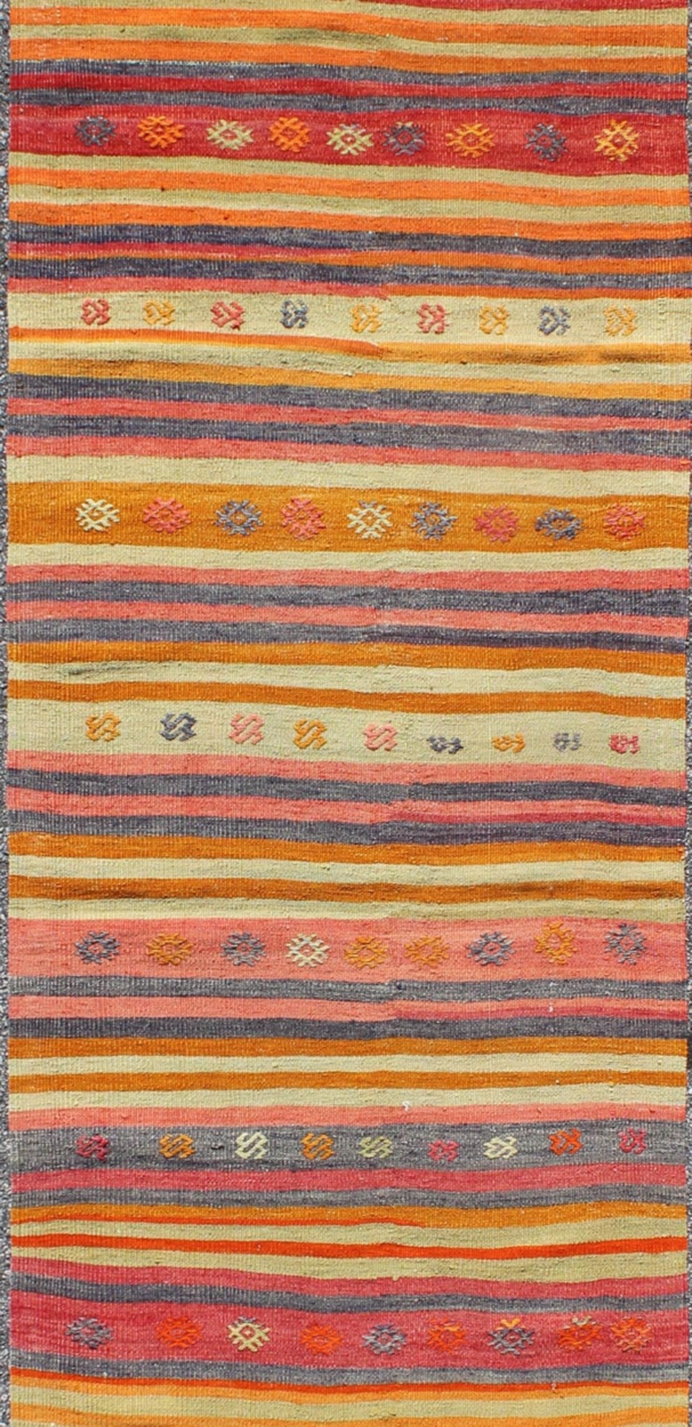 Vintage Turkish Kilim Runner With Geometric Tribal Designs and Colorful Stripes. Keivan Woven Arts / rug TU - NED - 119, country of origin / type: Turkey / Kilim, circa mid - 20th century Measures: 2'10 x 9'2. Featuring tribal shapes rendered in a repe... - Keivan Woven ArtsTU - NED - 119 - 3544Rug