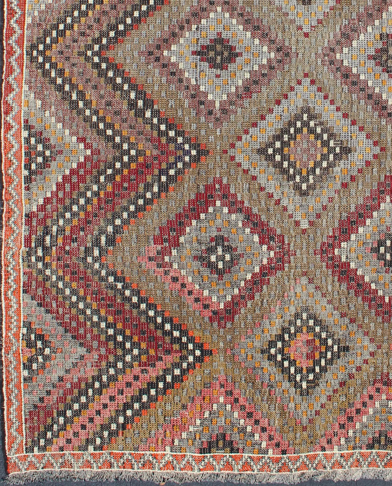 Vintage Turkish Embroidered Flat Weave with Diamond and Zig - Zag Pattern. Measures: 6'5 x 10'2. This Turkish Embroidered Jajeem displays a repeating diamond pattern in the field and a simple zig - zag border. The taupe in the center gives this rug ... - Keivan Woven ArtsTU - NED - 130 - 3558Rug