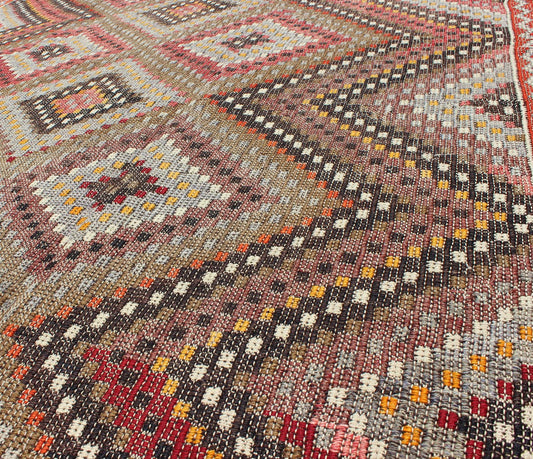 Vintage Turkish Embroidered Flat Weave with Diamond and Zig - Zag Pattern. Measures: 6'5 x 10'2. This Turkish Embroidered Jajeem displays a repeating diamond pattern in the field and a simple zig - zag border. The taupe in the center gives this rug ... - Keivan Woven ArtsTU - NED - 130 - 3558