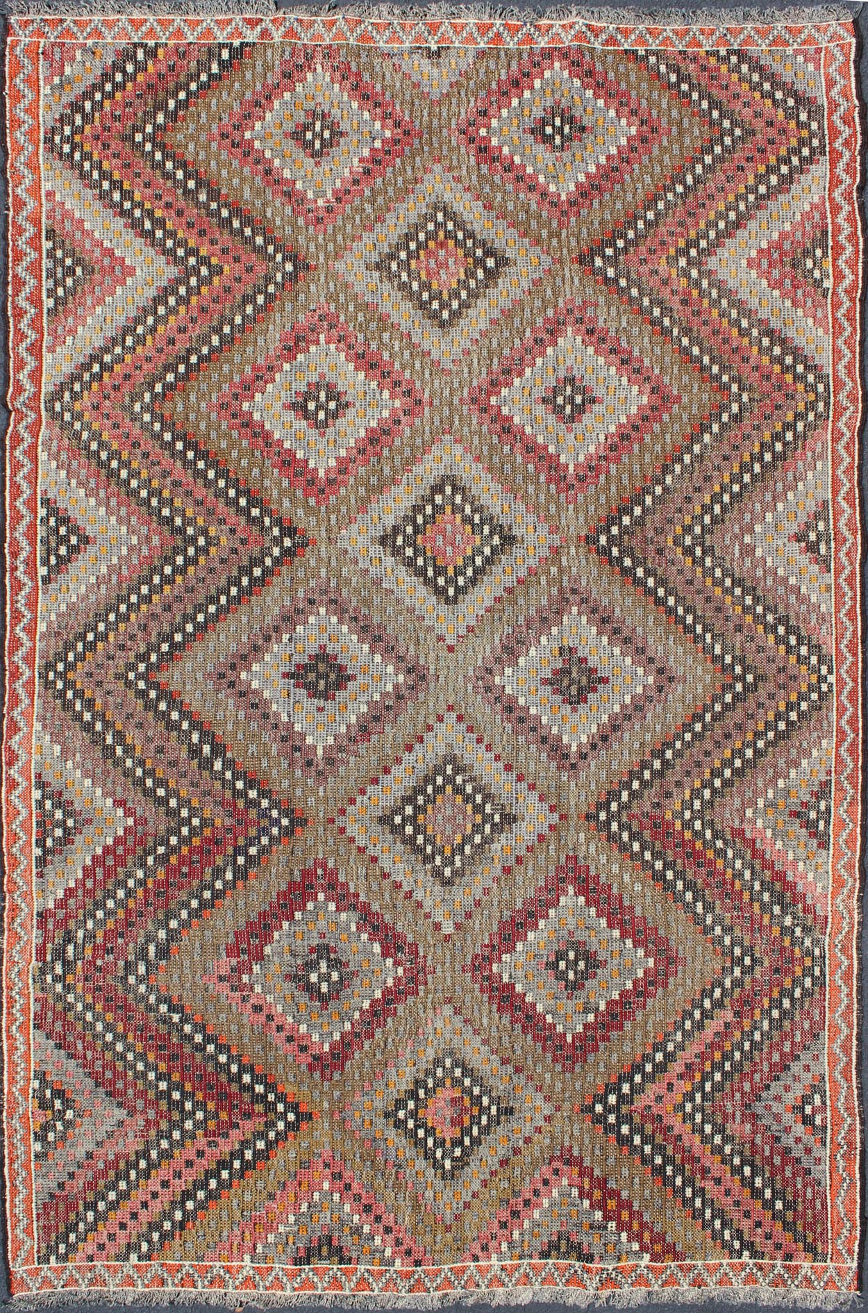 Vintage Turkish Embroidered Flat Weave with Diamond and Zig - Zag Pattern. Measures: 6'5 x 10'2. This Turkish Embroidered Jajeem displays a repeating diamond pattern in the field and a simple zig - zag border. The taupe in the center gives this rug ... - Keivan Woven ArtsTU - NED - 130 - 3558Rug