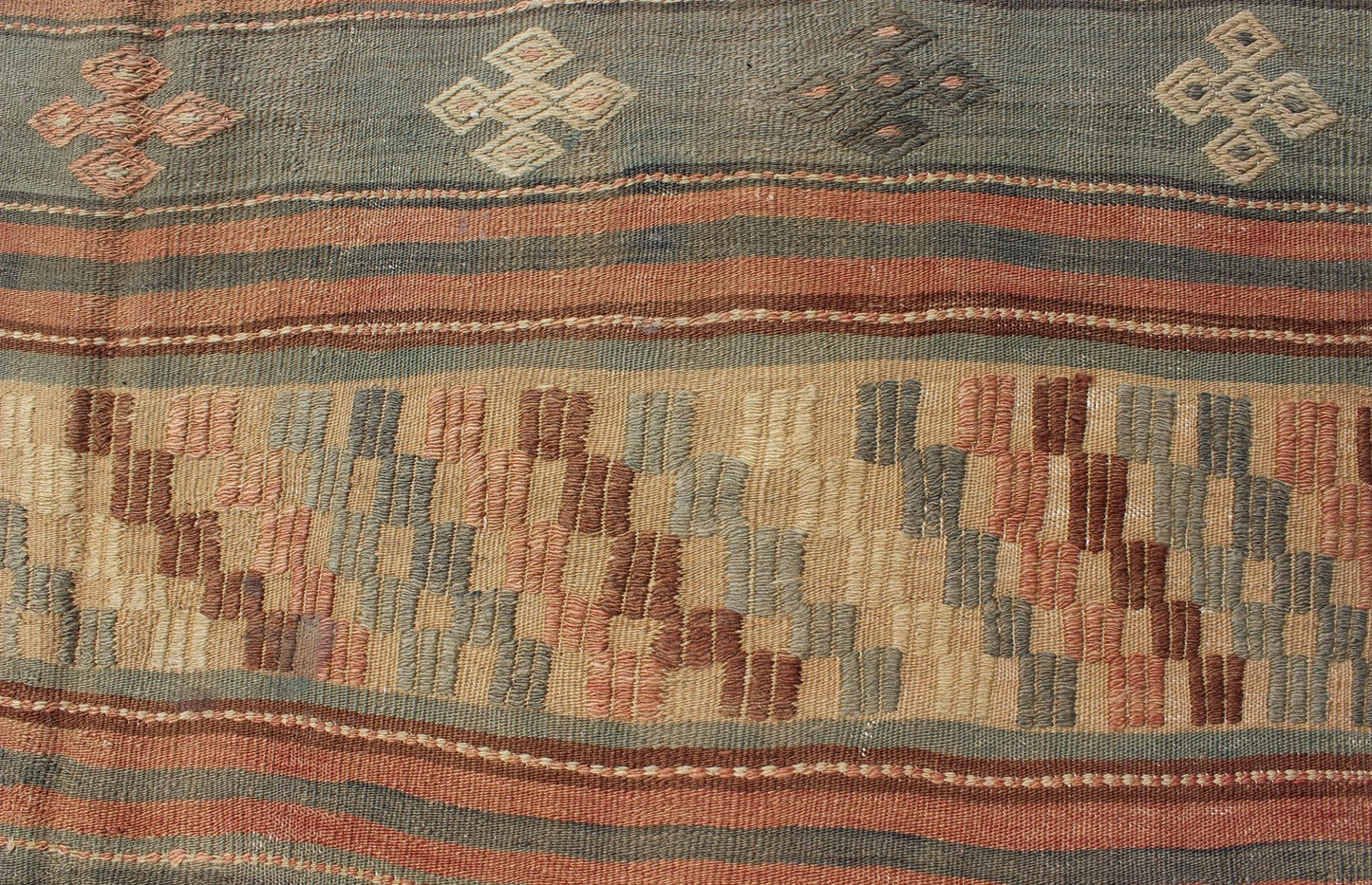 Vintage Turkish Tribal Kilim with Striped Design in Earthy Tones Measures: 5'4 x 9'8 This lovely Turkish Kilim has a striped, repeating pattern with clover motifs. The dark taupe - green stripes home the embroidered clovers, whereas the lig... - Keivan Woven ArtsTU - NED - 134 - 3562Rug