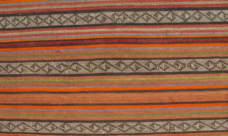 Colorful Long Kilim Runner with Vertical Stripe and Geometric Pattern, rug ned - 136027, country of origin / type: Turkey / Kilim, circa mid - 20th century. Woven during the mid - 20th century in Turkey, this designer Kilim is decorated with a vertica... - Keivan Woven ArtsTU - NED - 136027 - 4604Rug