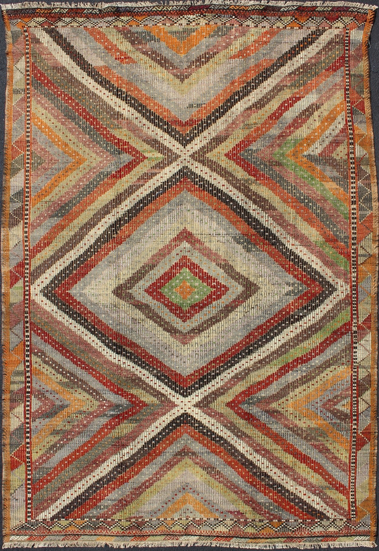 Beautiful Embroidered Turkish Jajeem - This geometric embroidered flat - weave Jajeem from Turkey bears a repeating large diamond design set on a multicolored background. The repeating design features vibrant colors of gold, light green, red, yellow, orang... - Keivan Woven ArtsTU - NED - 136031 - 4614Rug