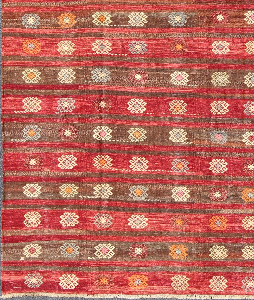 Red and Brown Striped Turkish Hand Woven Kilim Rug with Geometric Shapes Red and Brown Striped Turkish Hand Woven Kilim Rug with Geometric Shapes, Keivan Woven Arts / rug ned - 136592, country of origin / type: Turkey / Kilim, circa mid - 20th centu... - Keivan Woven ArtsTU - NED - 136592 - 5022Rug
